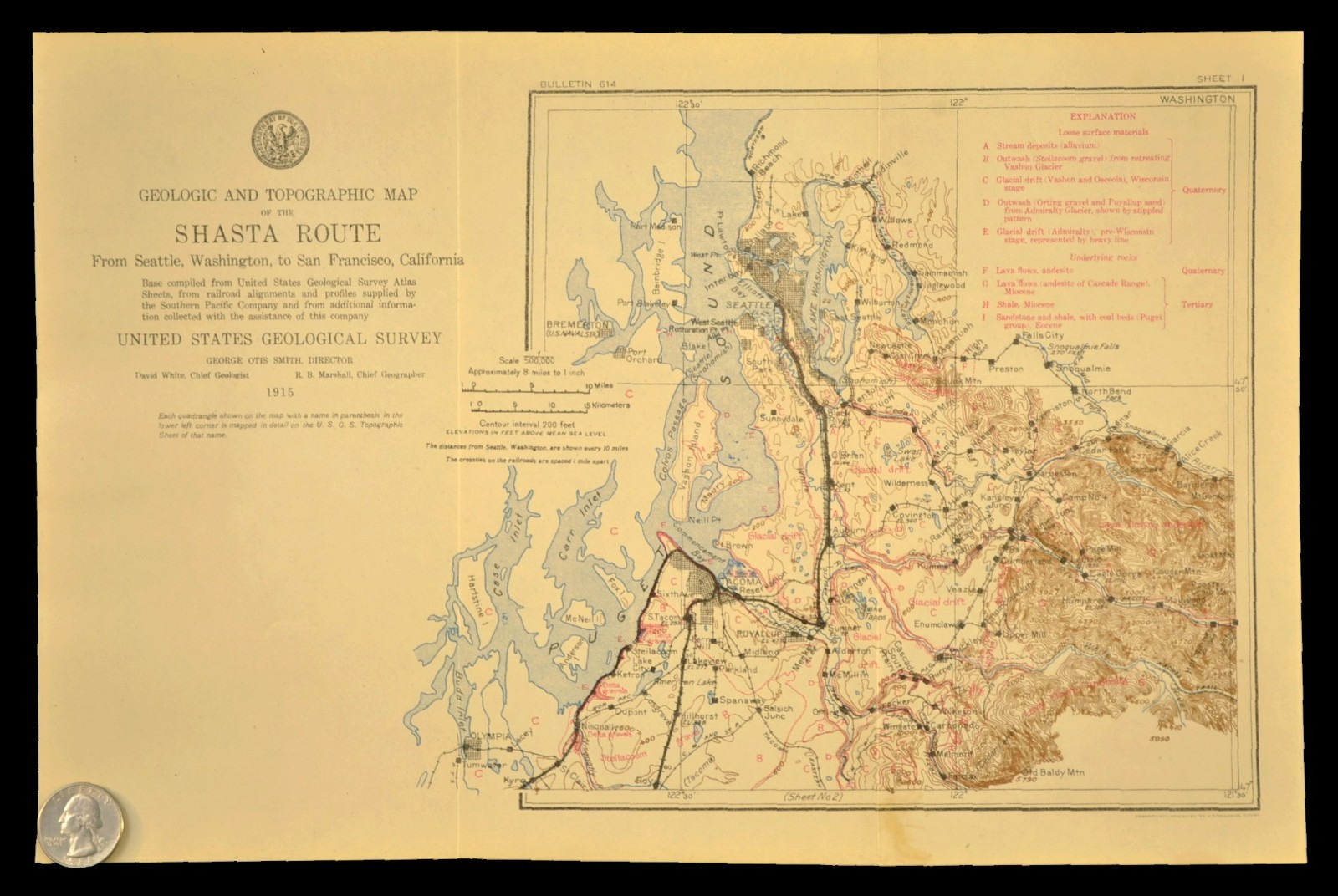 1915 Antique Southern Pacific Railroad Map Seattle Washington Tacoma WA Geologic