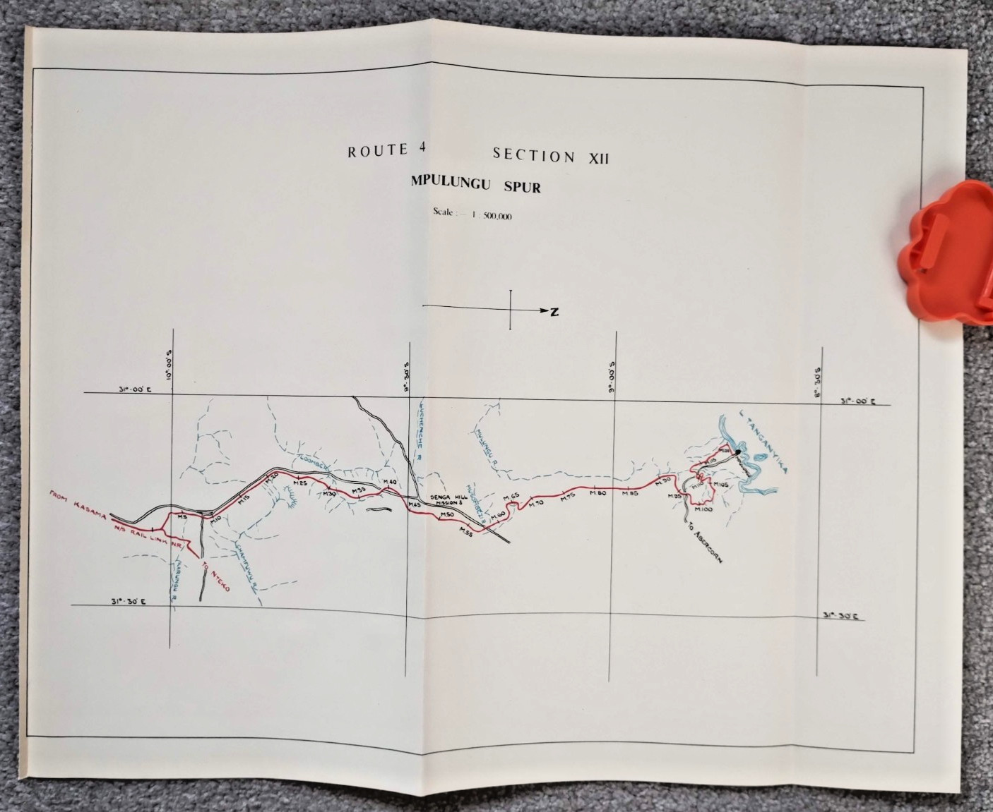 1952 Original East African Railways Map of Route: Mpulungu Spur (Zambia)