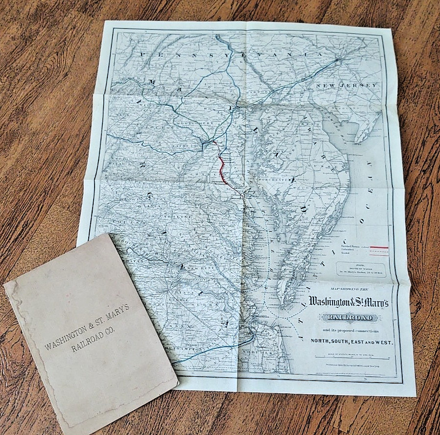 RARE Antique ORIGINAL Washington & St. Mary’s Railroad map 1887 G.W & C.B Colton