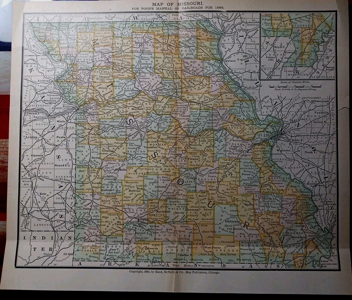 1884 vintage Railroad Map MISSOURI Train Line Routes Railway Town Stations 9×11″