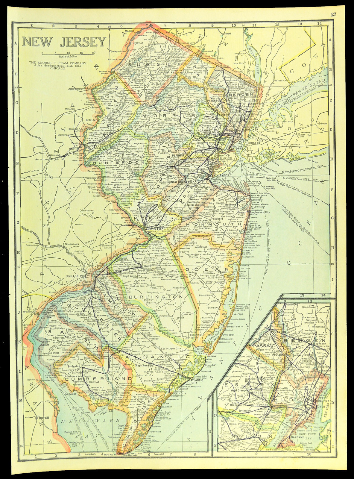 Vintage NEW JERSEY Map Wall Art Decor Electric Railway Old Original 1920s Newark