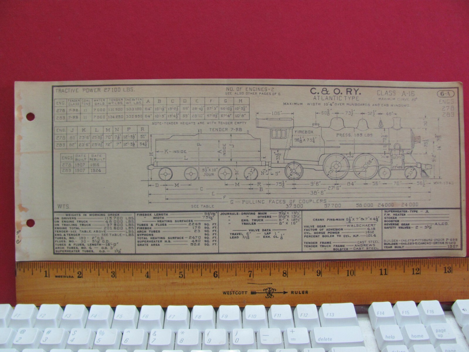 CHESAPEAKE & OHIO RAILROAD ORIG PRINTED DIAGRAM CLASS A-16 LOCOMOTIVES #278 #289