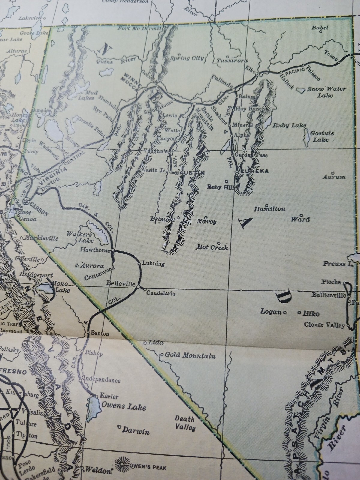 ☆1898 ORIGINAL Railroad Map CALIFORNIA NEVADA All Train Routes Lines 11″x9″