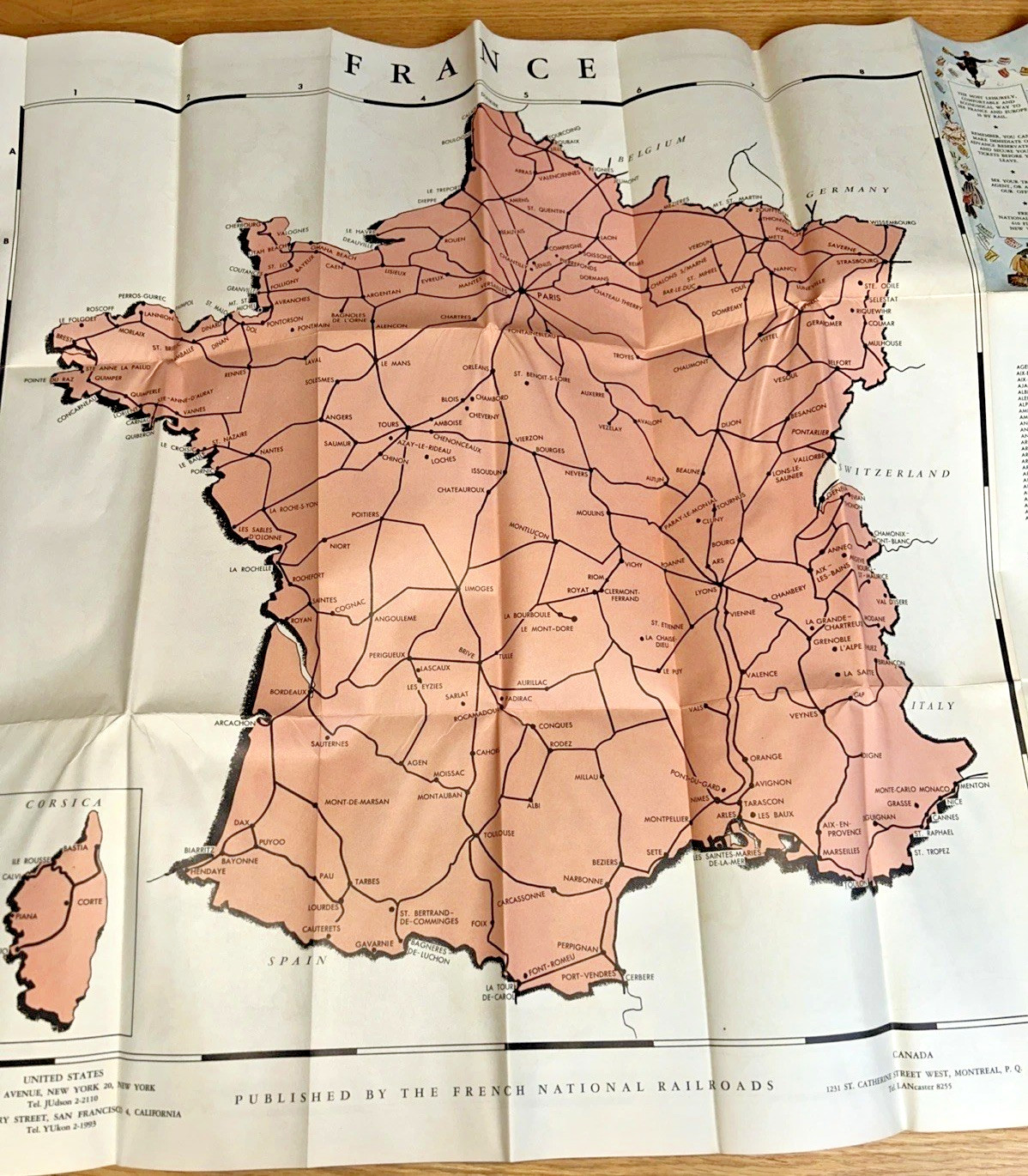 Vintage RAILROAD MAP OF FRANCE AND EUROPE, French National Railroad