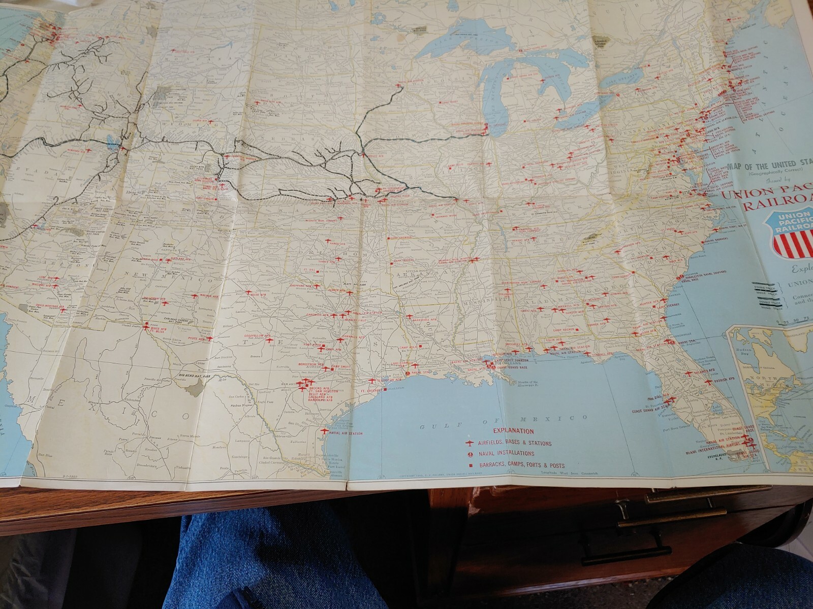 Union Pacific RR Miltary Map of the US 1950 Vintage Road Map
