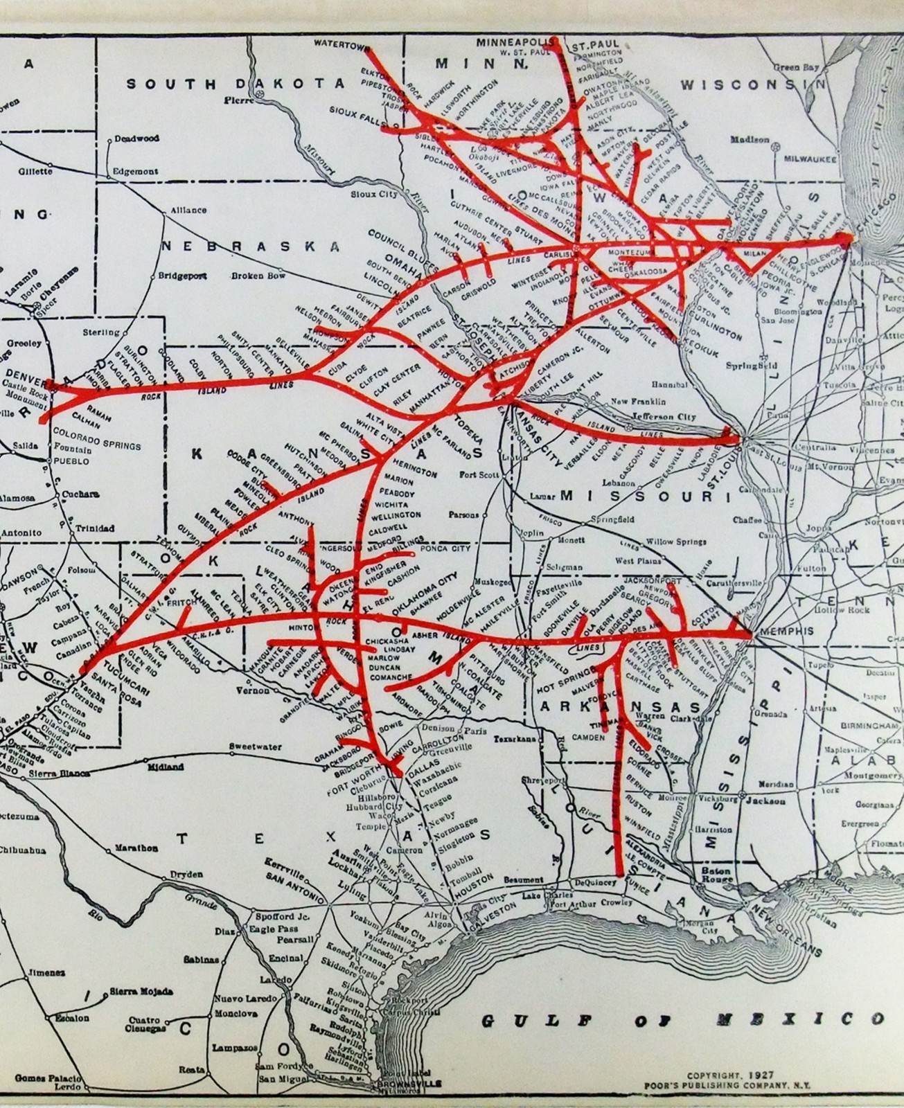 Rock Island Lines – Original 1927 Railroad Map. Antique Railway