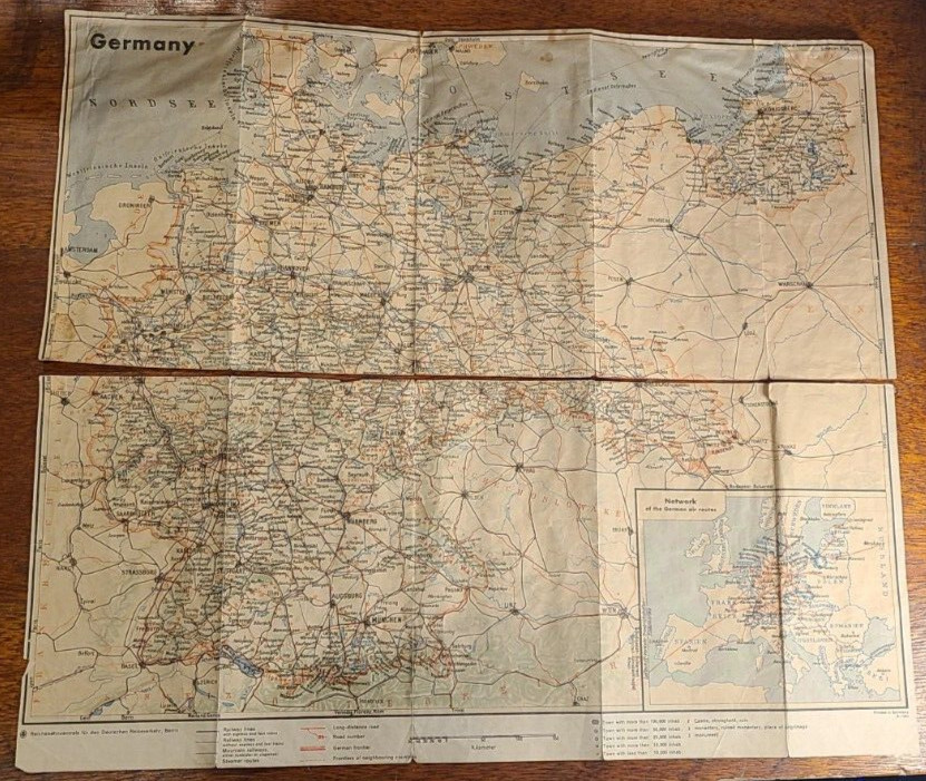 Map of German Railroad and Air Routes – interwar period 1928-38, 16 x 19″