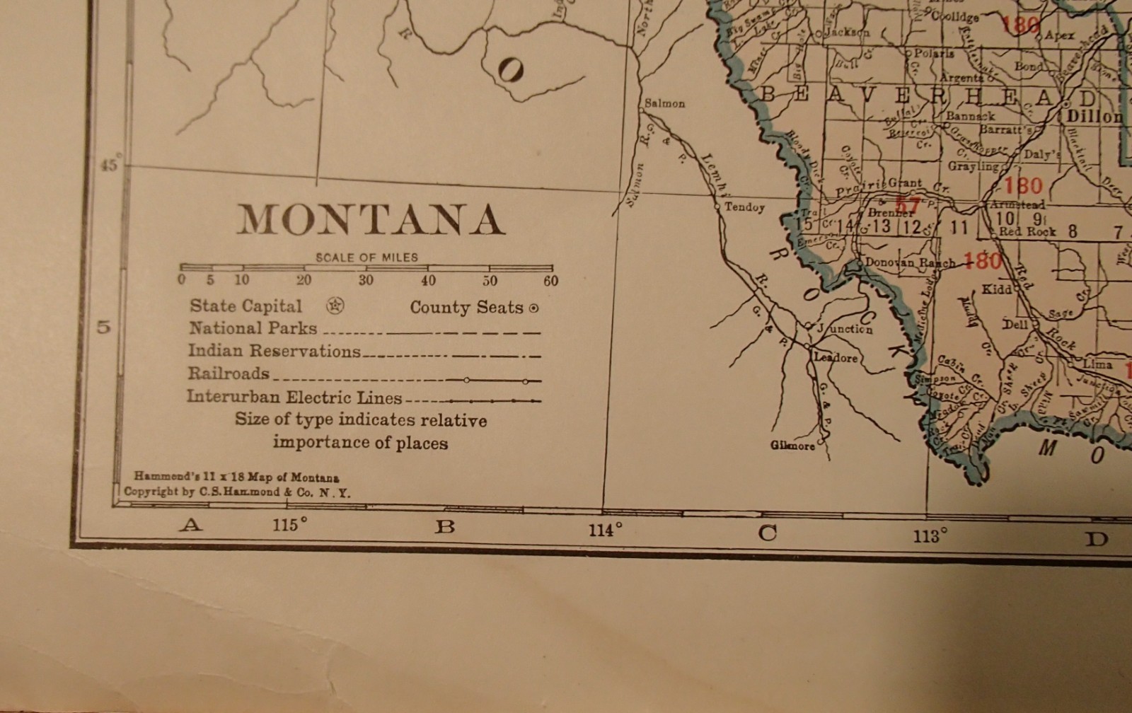 1931 Vintage Original Hammond Railway Map Montana 12″ x 20″