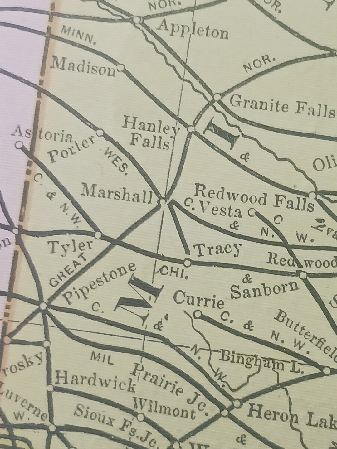 1906 Dated Train Route Map Minnesota Dakotas All Railroad Lines Stations 11″×9″