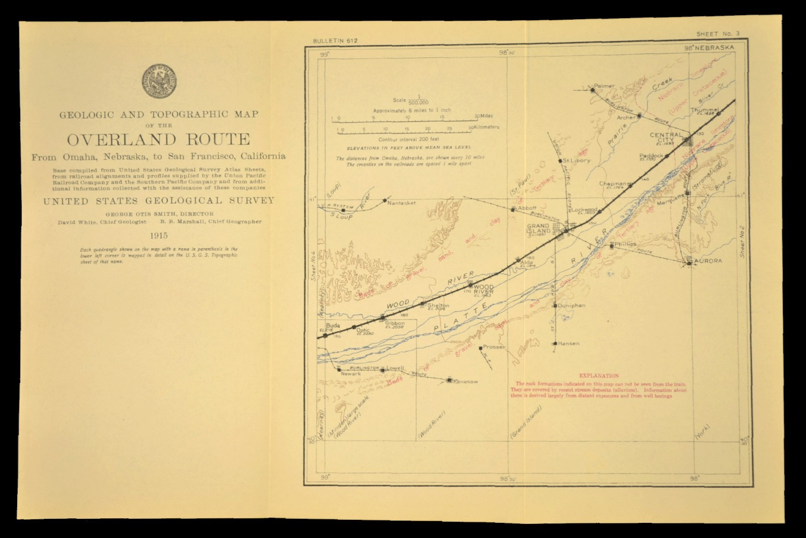 1915 Antique Union Pacific Railroad Map Grand Island NE Aurora Central City