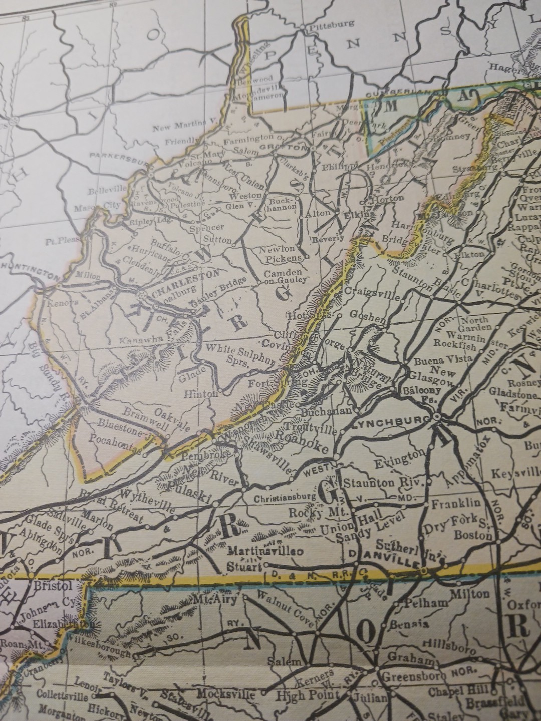 ~1898 Railroad Map Mid Atlantic Virginia Maryland WV SC NC DE Train Routes 11×9″