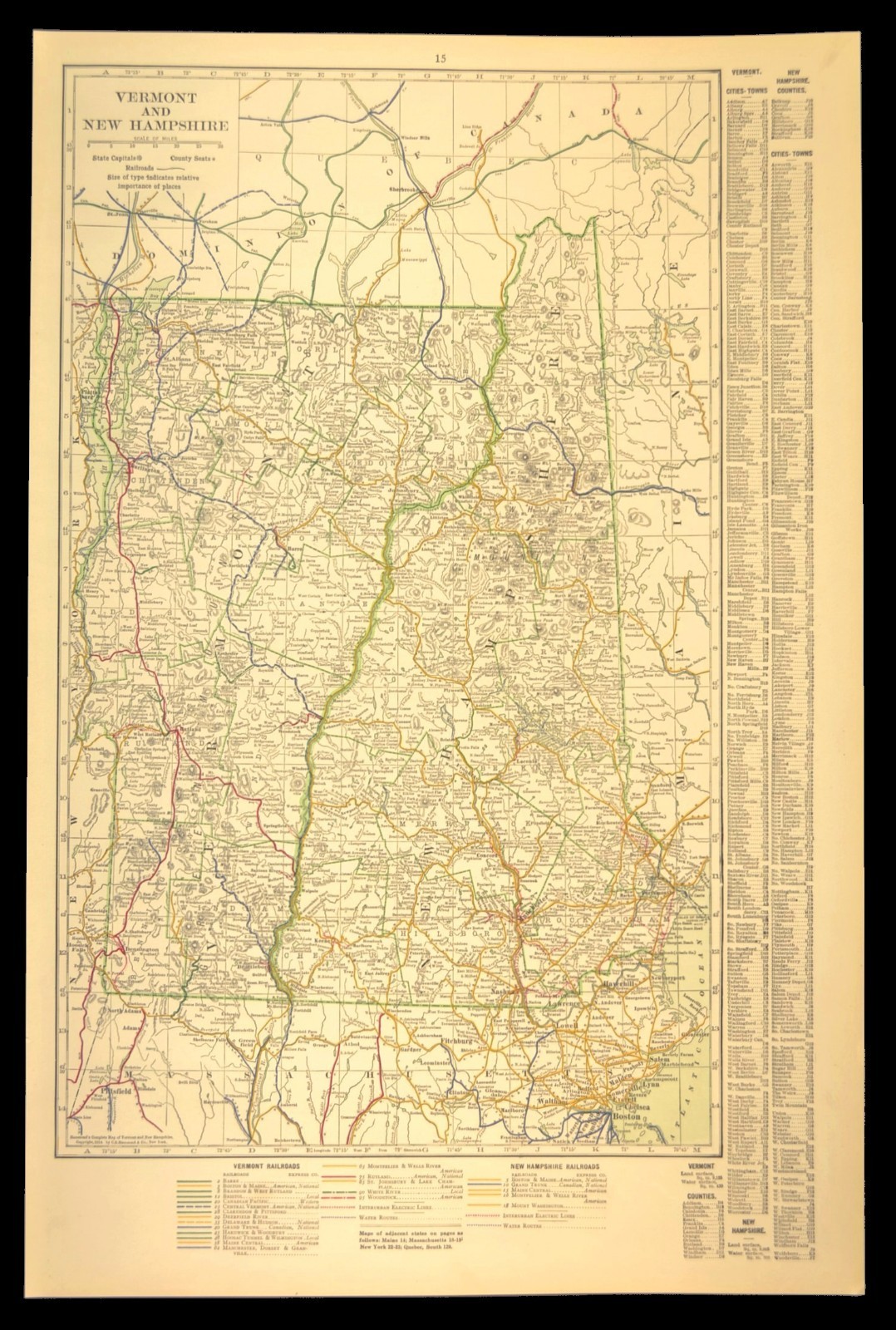 1914 Antique Map of VERMONT Railroads Map NEW HAMPSHIRE ORIGINAL Atlas Map DATED