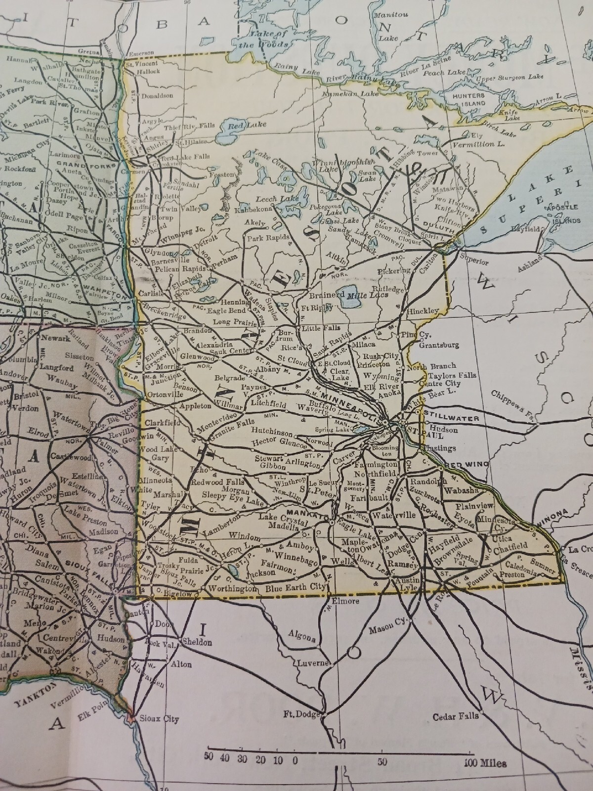 ☆1898 Original Railroad Map NORTH South DAKOTA Minnesota ~ Train Routes 11″x9″