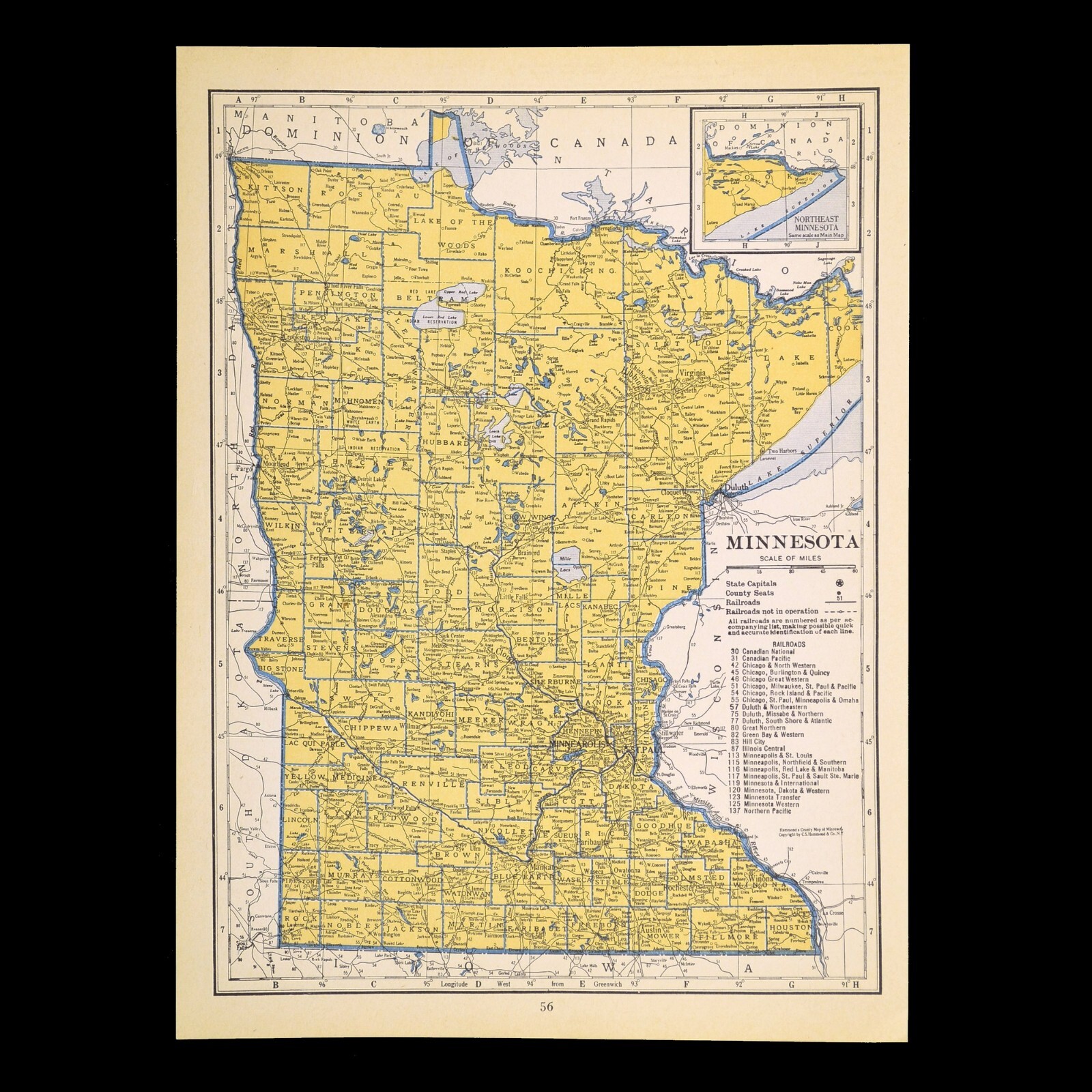 ca1939 MINNESOTA Railroad Map Depot Towns MStP&SSM RR Historic Original Atlas