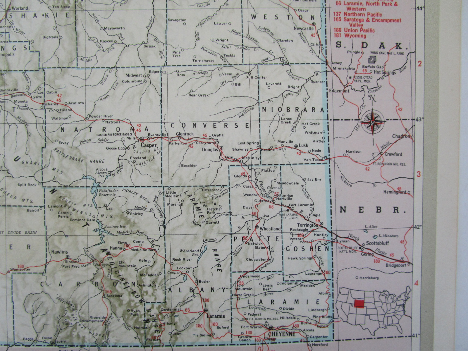WI WY Vtg 1950 WISCONSIN RAILROAD Map LAONA & NORTHERN RR or WYOMING Map. CB&Q