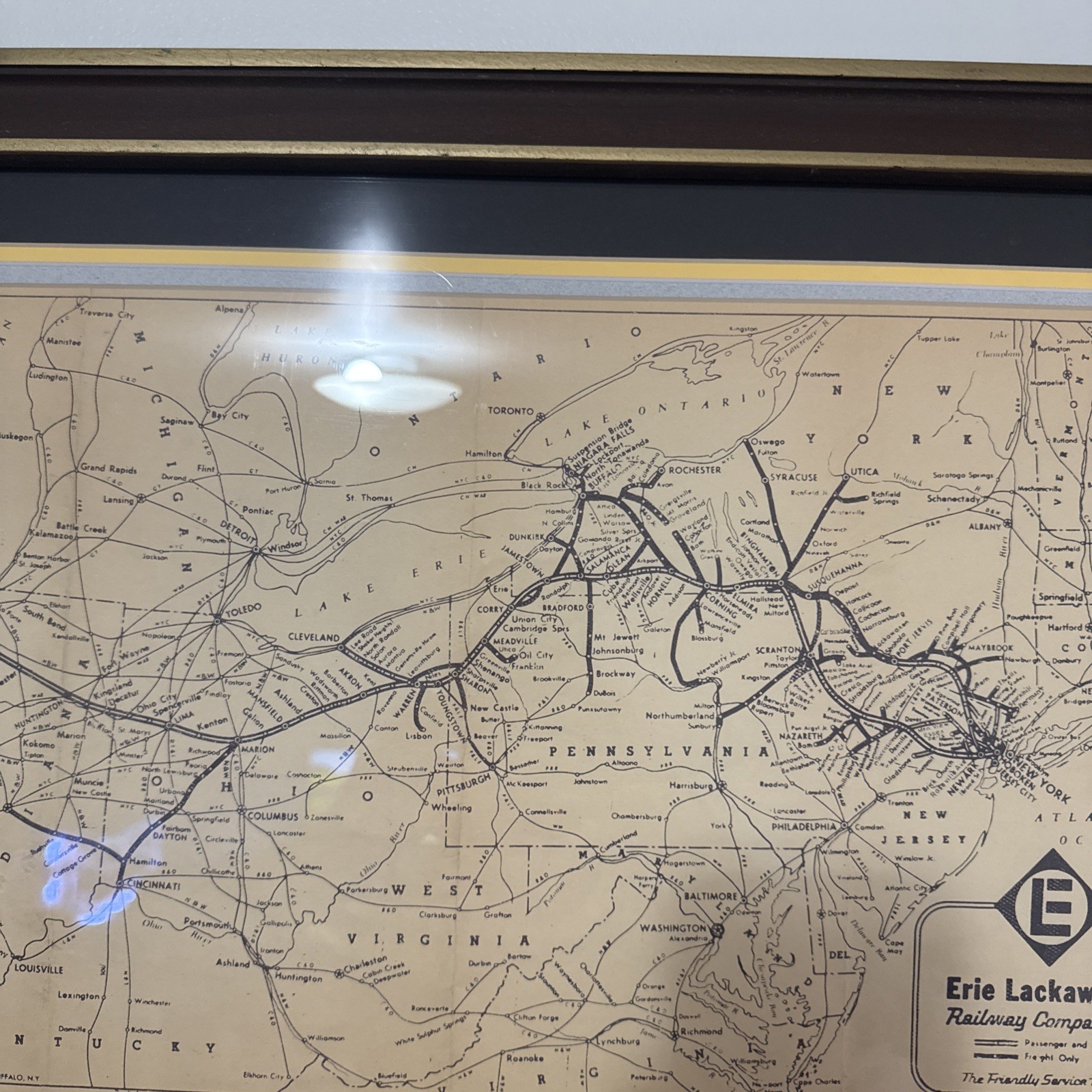 Vintage Pennsylvania Framed 1969 Erie Lackawanna Railway Map 24×16 1960s 1970s
