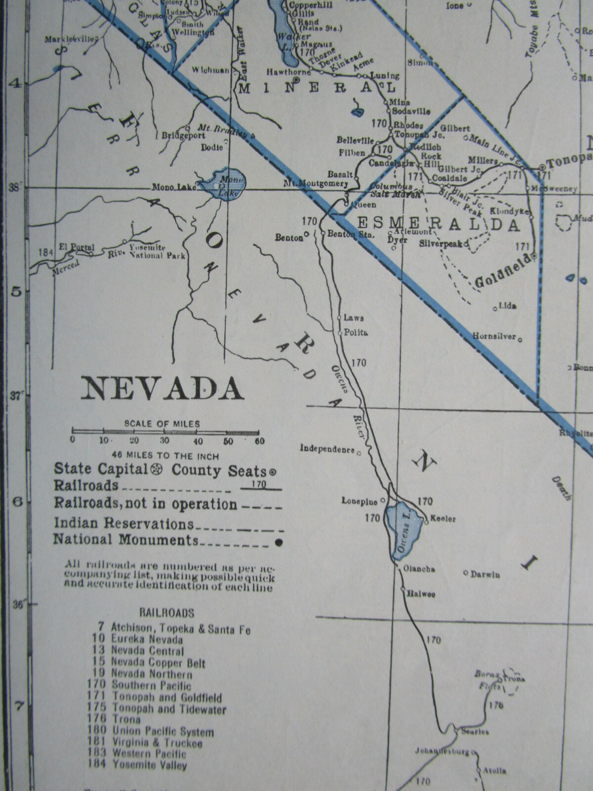 NV NH 1933 NEVADA RAILROAD Map TONAPAH & TIDEWATER RR ~or~ NEW HAMPSHIRE