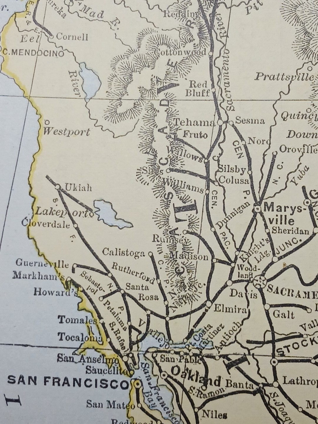 1892 Antique RAILROAD MAP California & Nevada ALL Train Route Lines 9×11″ Color