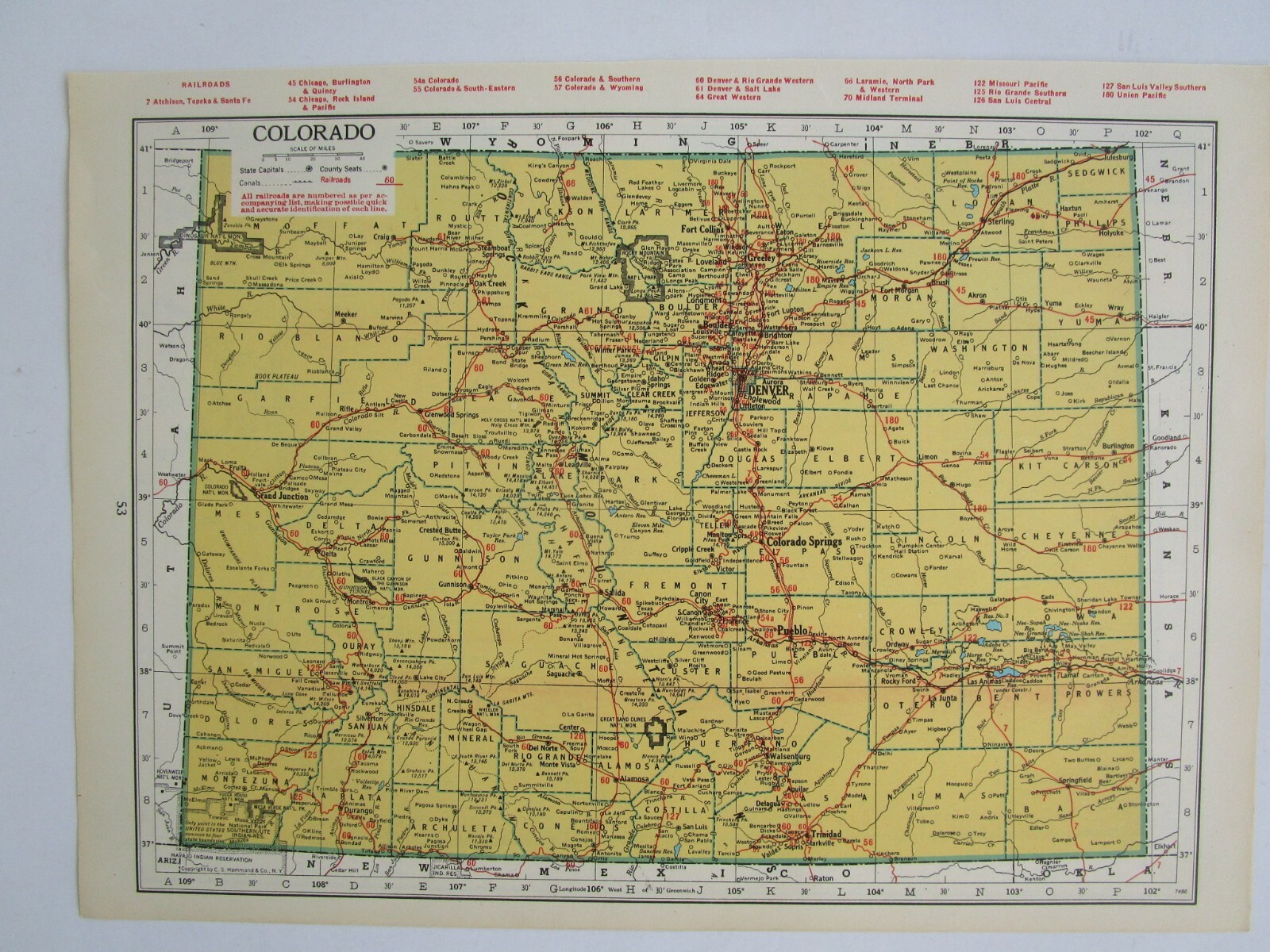 CT CO 1948 CONNECTICUT RAILROAD Map. ~or~ COLORADO Railway Map 1950s Mid Century