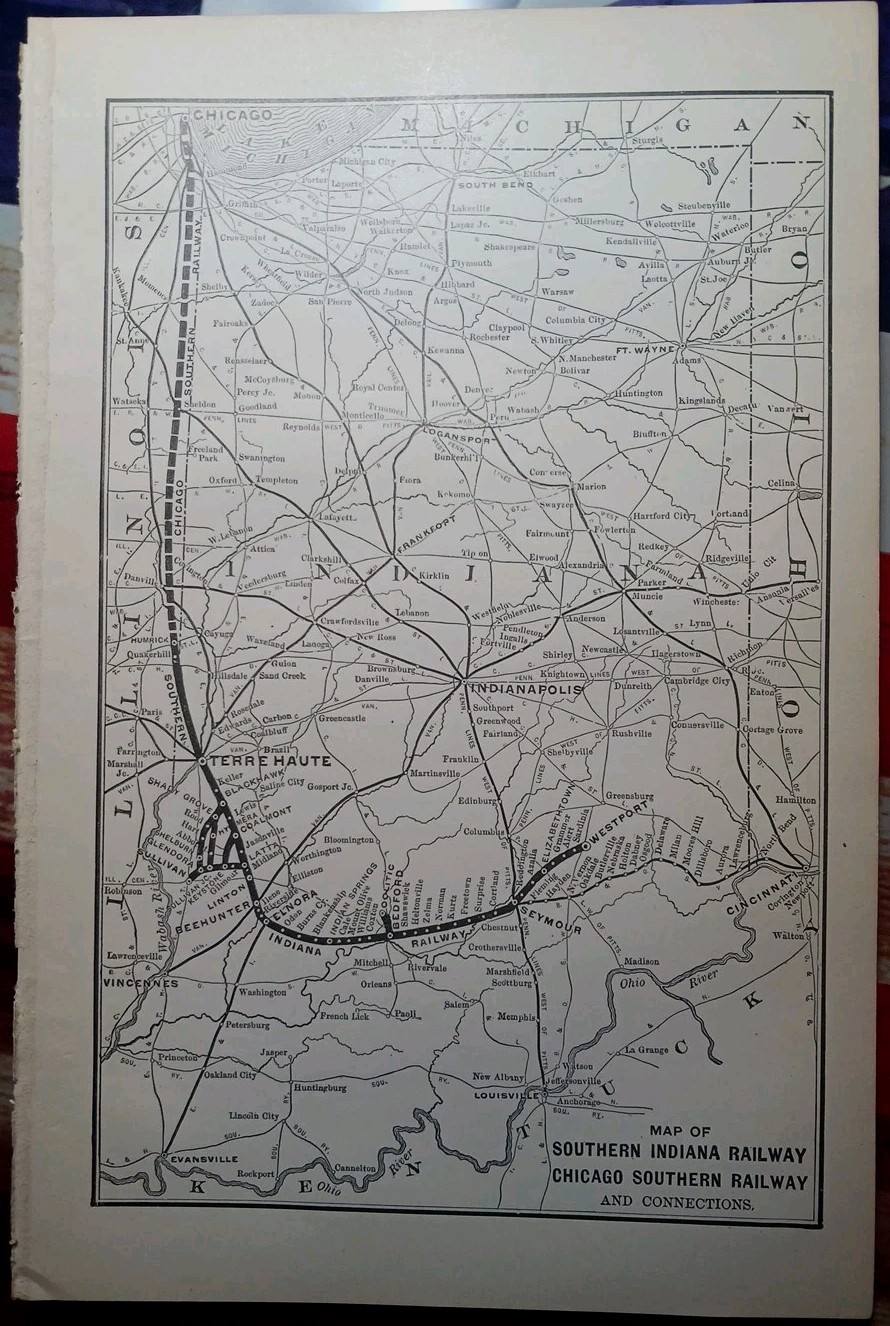 ~1906 Train Route Map SOUTHERN INDIANA RAILWAY Chicago Southern Railroad Antique