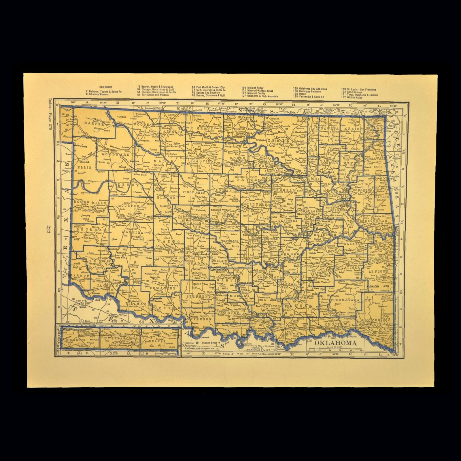 ca1938 OKLAHOMA Railroad Map Depot Towns AT&SF RR Historic Original Atlas Map