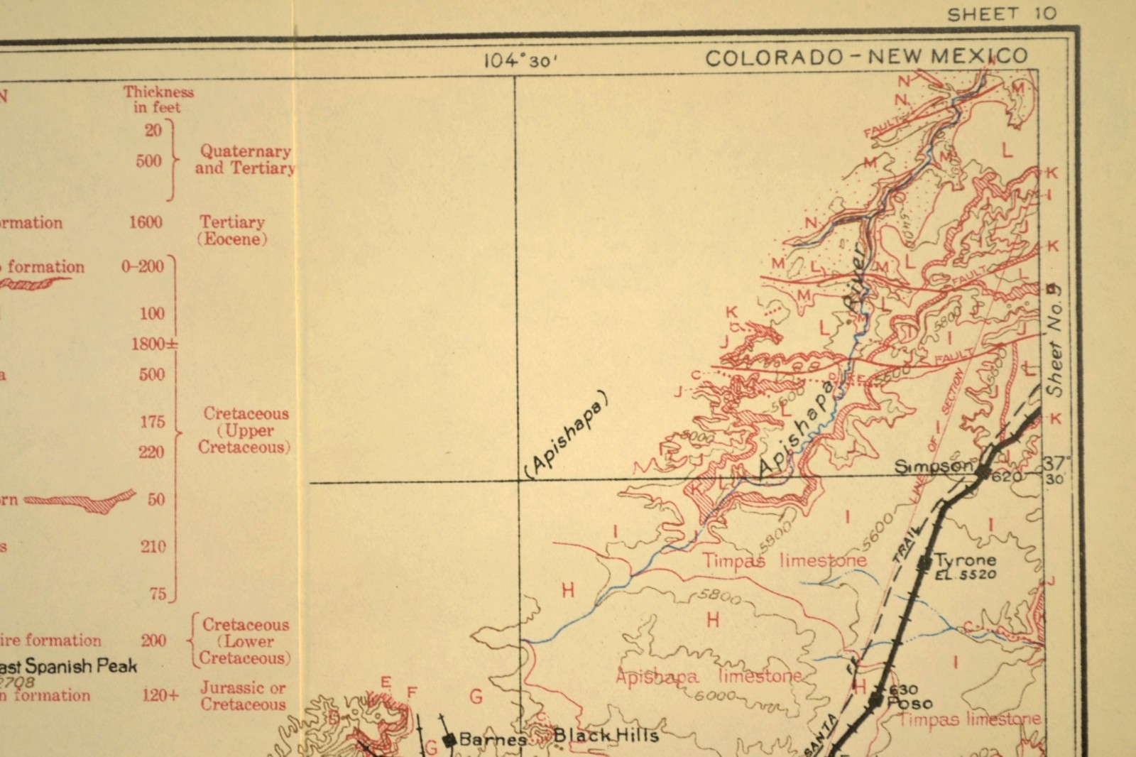 1915 Antique Santa Fe Railroad Map Line Trinidad Colorado Raton NM Geological