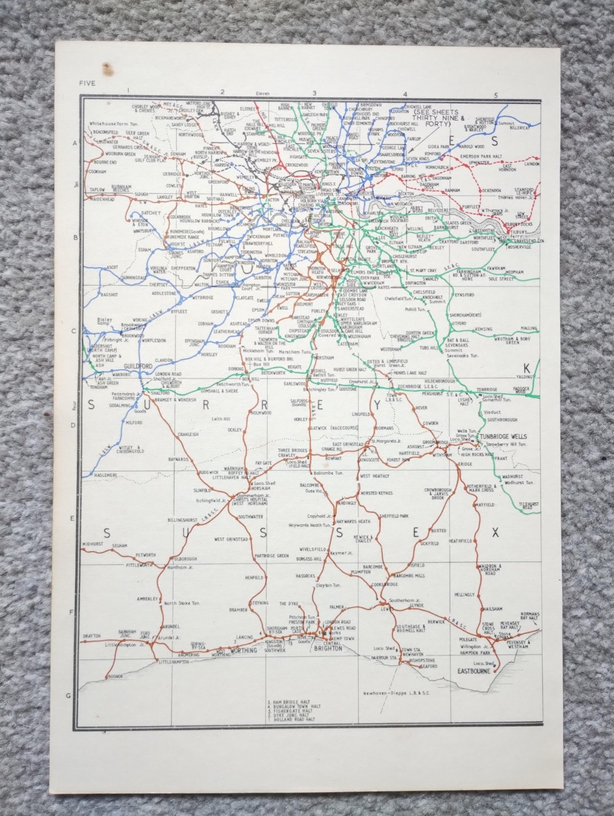 Vintage 1976 map showing Pre Grouping Rail Lines of Surrey and Sussex