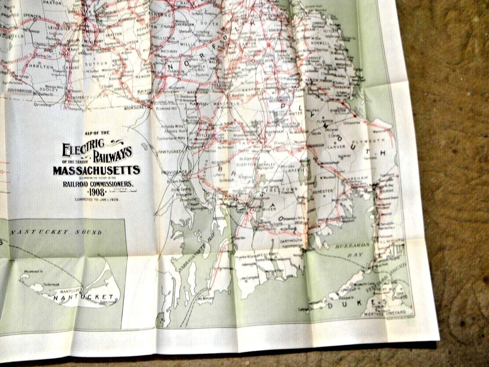 ANTIQUE LARGE MAP OF THE ELECTRIC RAILWAYS STATE OF MASSACHUSETTS RAILROADS 1908