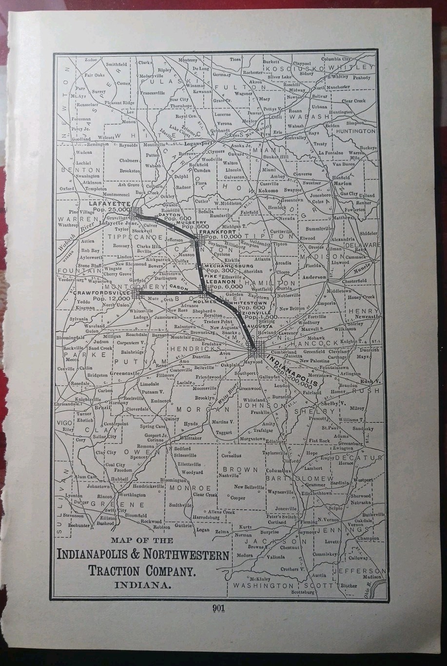 ~1904 RARE Railroad Map INDIANAPOLIS & NORTHWESTERN TRACTION CO Trolley Routes