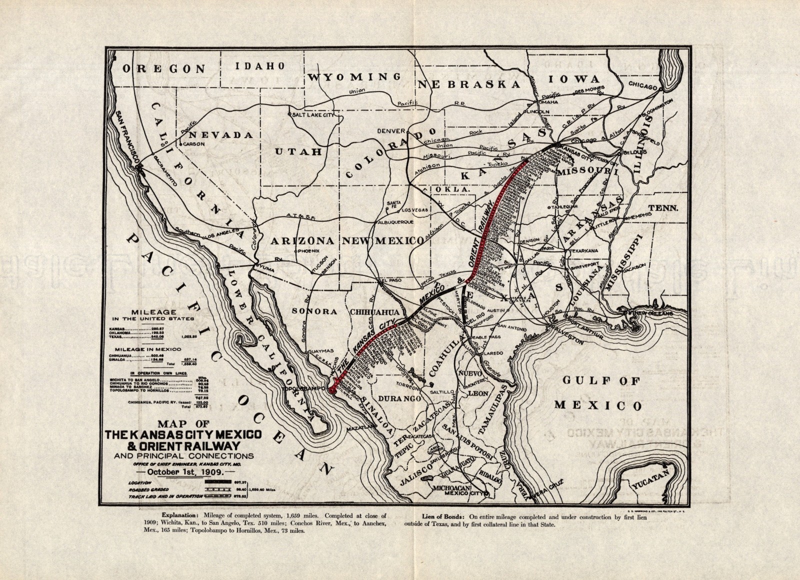 1909 Antique Kansas City Mexico & Orient Railway Map Mileage 2654