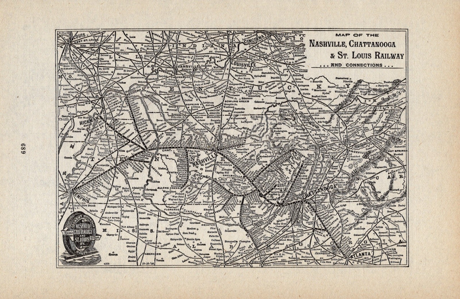 1908 Antique Nashville Chattanooga & St Louis Railway Map Railroad Map 1367
