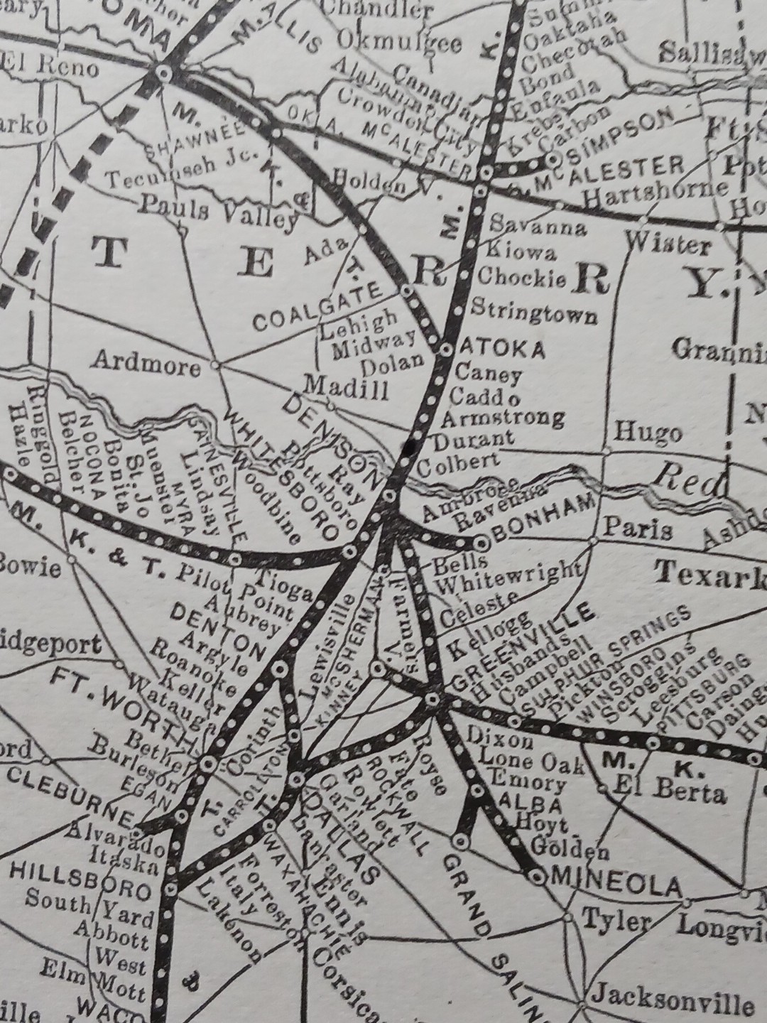 ~1904 Train Route Map MISSOURI KANSAS & TEXAS RAILWAY Vintage Railroad MK&T line
