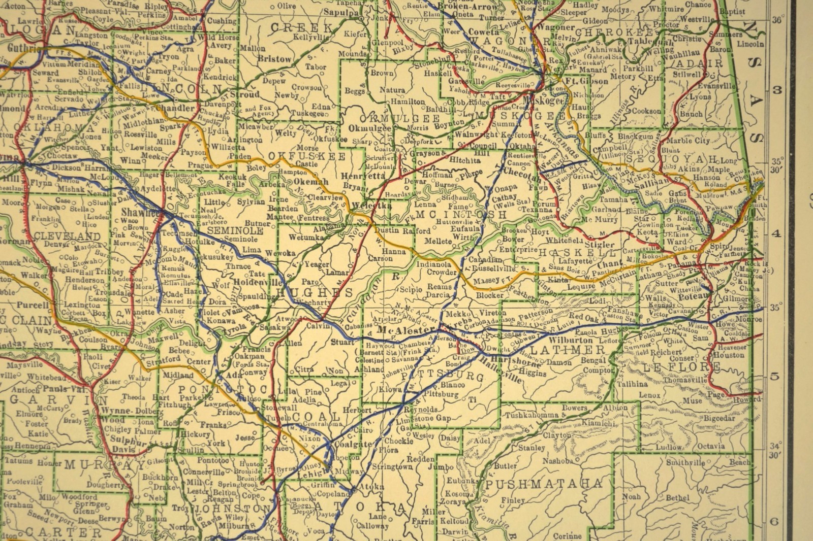 1914 Antique Map of OKLAHOMA Railroads Map ORIGINAL Atlas Map CRI&P RR DATED