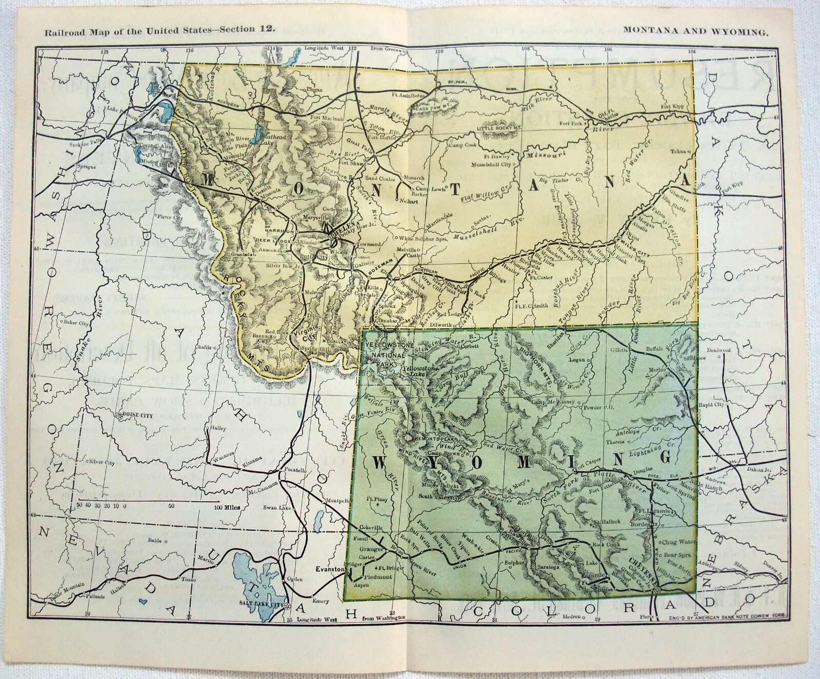 Montana & Wyoming – Original 1894 Railroad Map. Antique