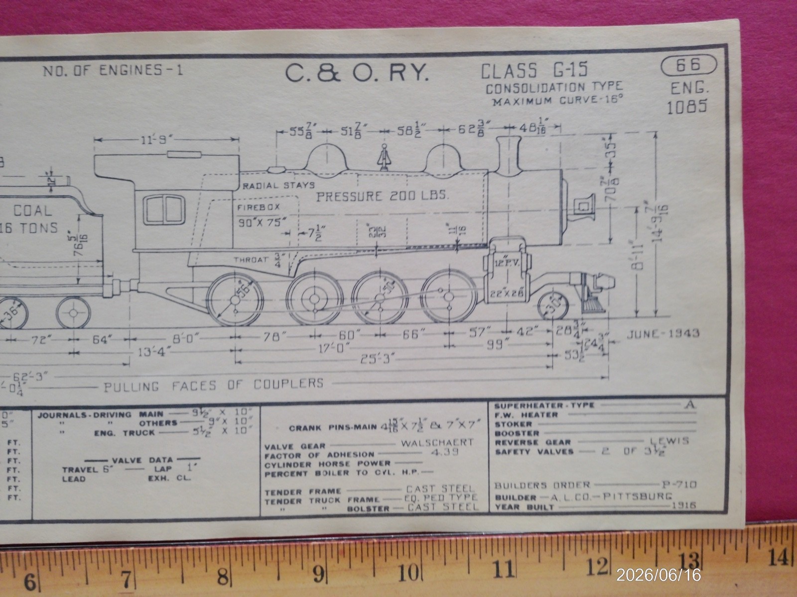 CHESAPEAKE & OHIO RAILROAD ORIG PRINTED DIAGRAM CLASS G-15 LOCOMOTIVE #1085