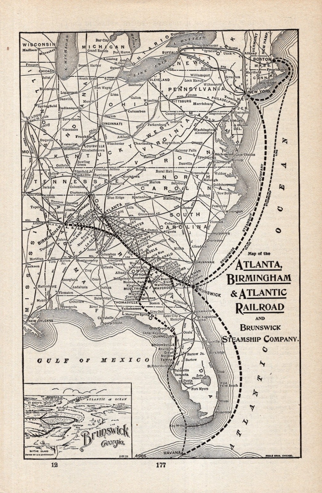 1908 Atlanta Birmingham & Atlantic Railroad Map Brunswick Steamship Co 2855