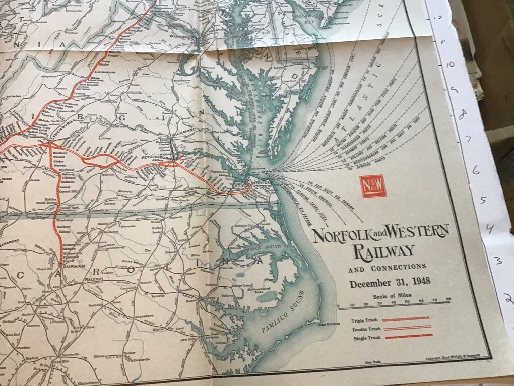 vintage railroad map: 22×32″ NORFOLK & WESTERN Railway 1948