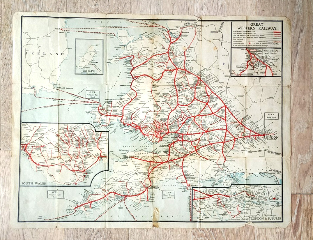 Great Western Railway Map Folded Paper GWR c1910 sold in aid of a railway club