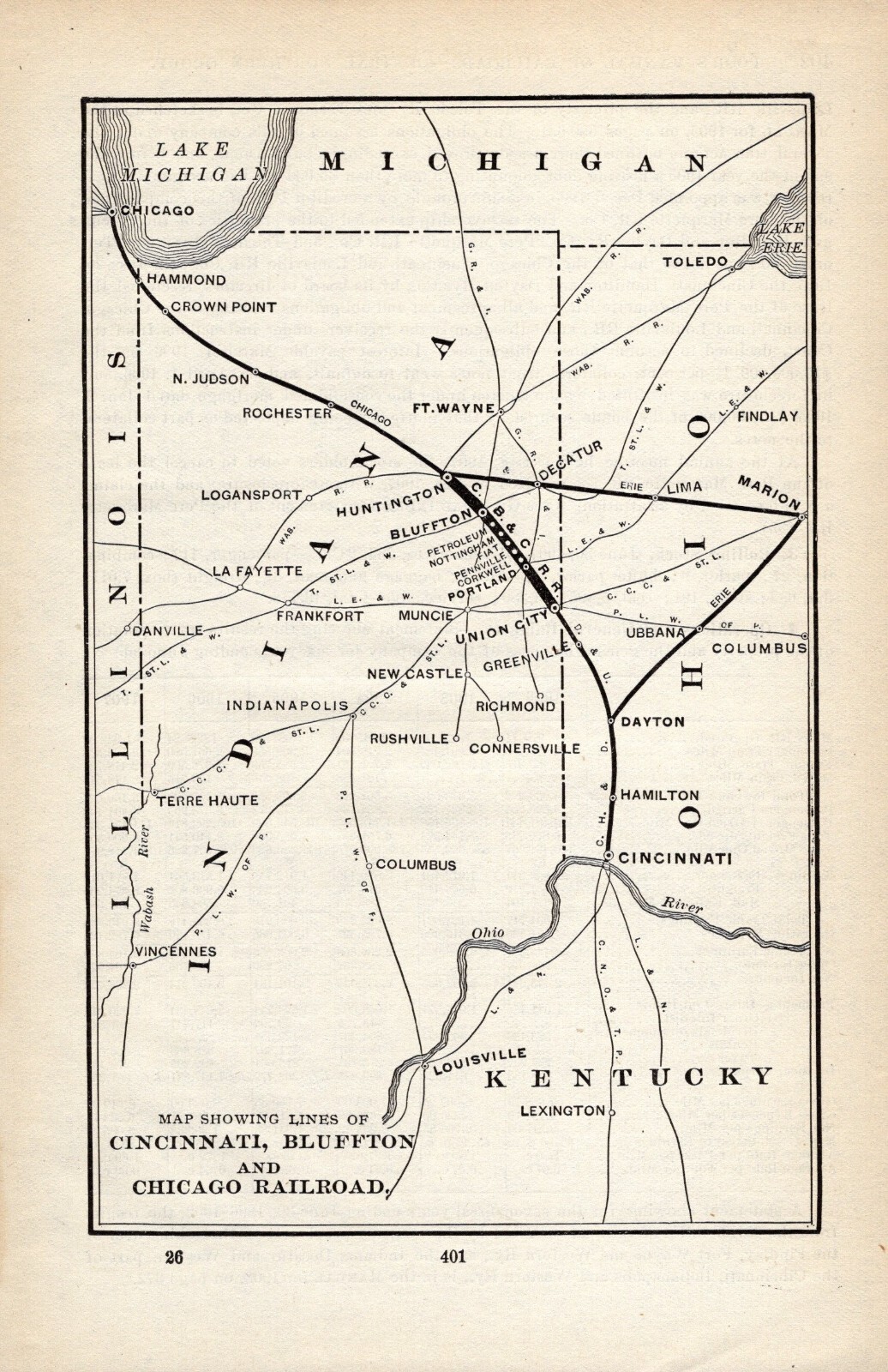 1908 Cincinnati Bluffton and Chicago Railroad Map Vintage Railway Map 1626