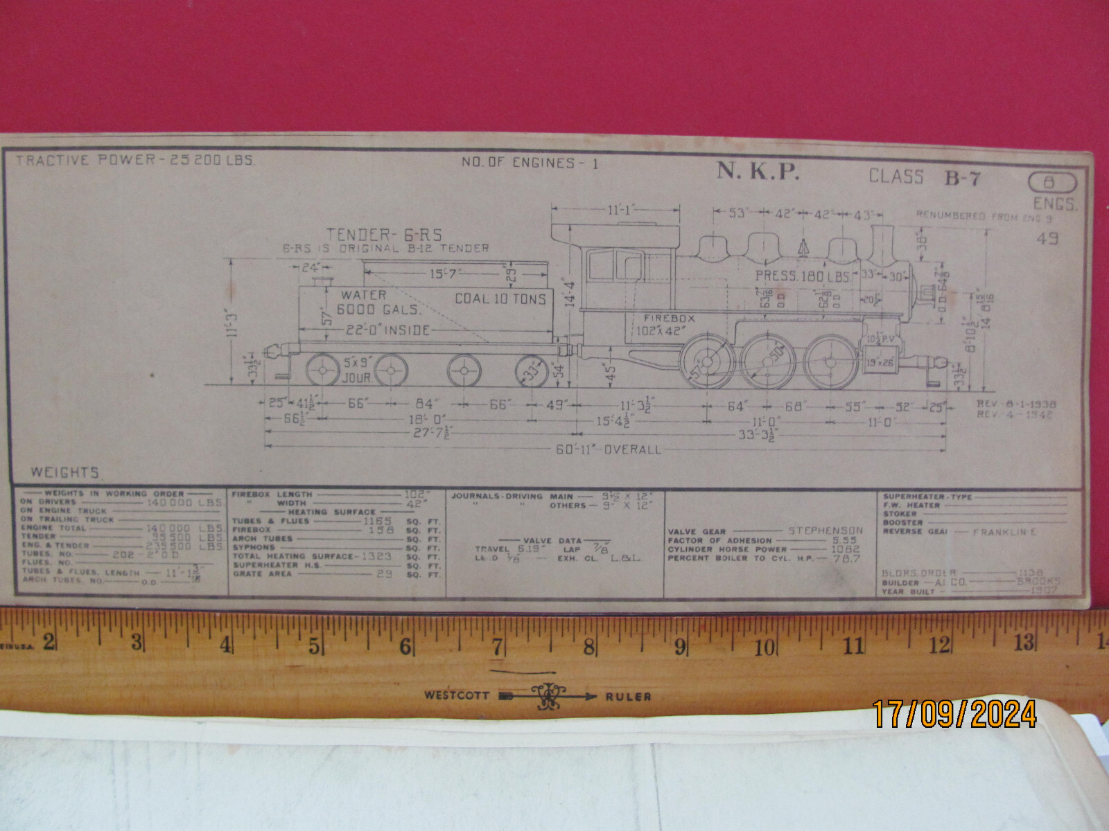 NICKLE PLATE ROAD RAILROAD ORIG 1943 DIAGRAM LOCOMOTIVE #49 CLASS B-7 0-6-0