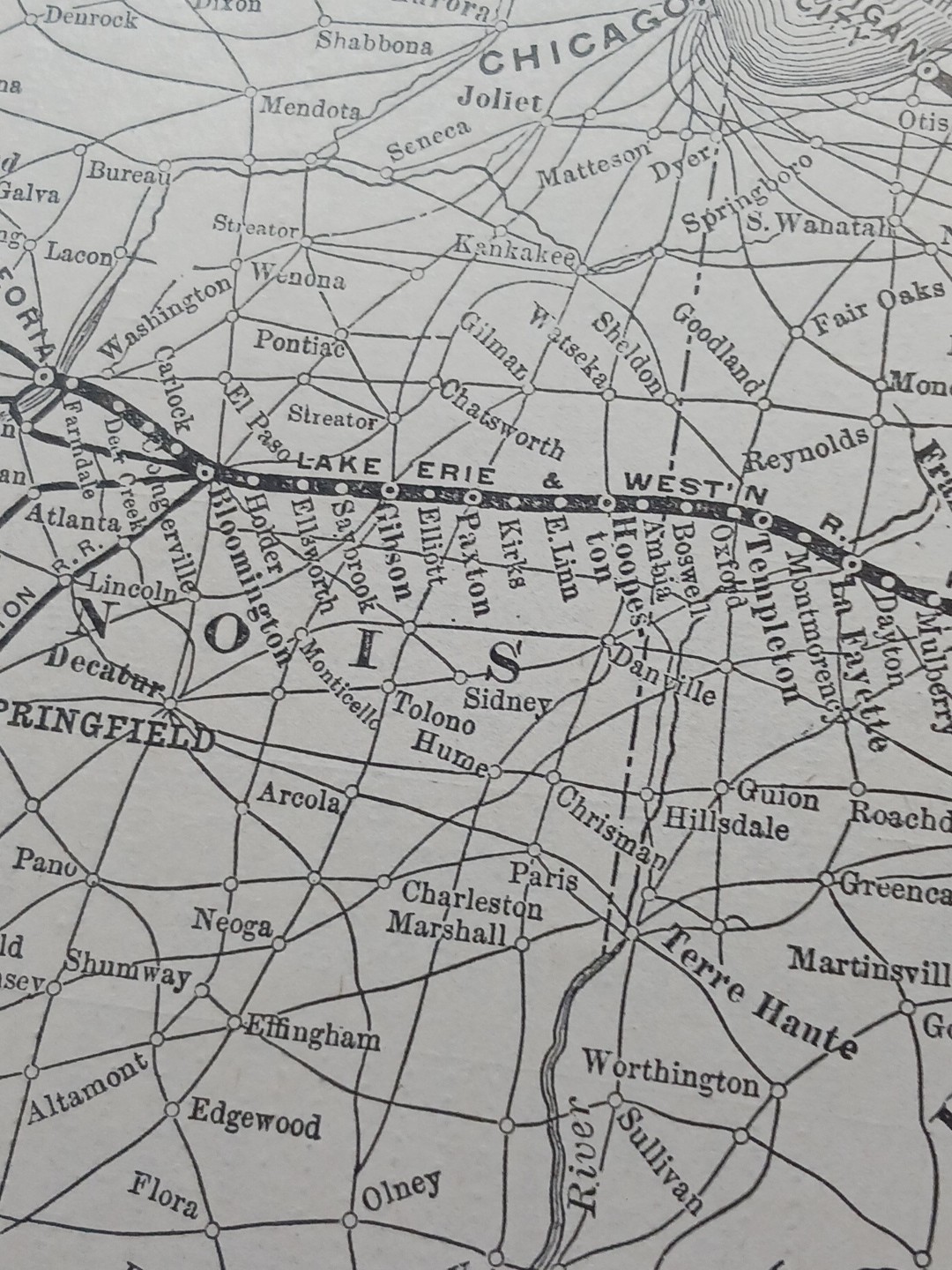 1897 Train Route Map LAKE ERIE & WESTERN RAILROAD with Gas & Oil Fields Marked