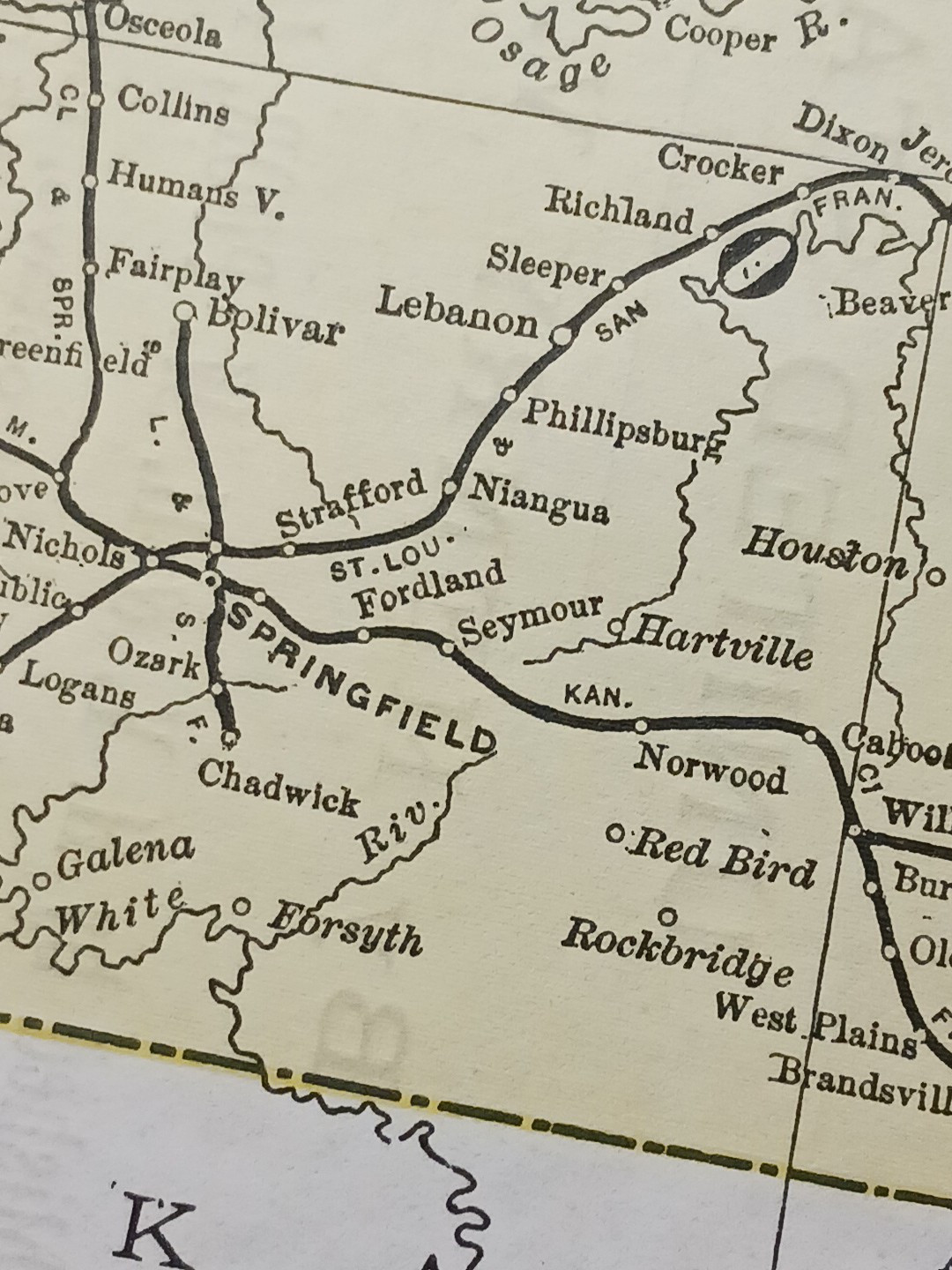 1897 Train Route Map MISSOURI & IOWA all Railroad Lines Station Marked 9″x 11″