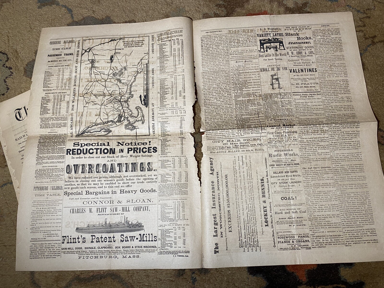 Antique 1878 The Railway Globe Newspapers Lot Fitchburg MA Old 1870’s Train Map