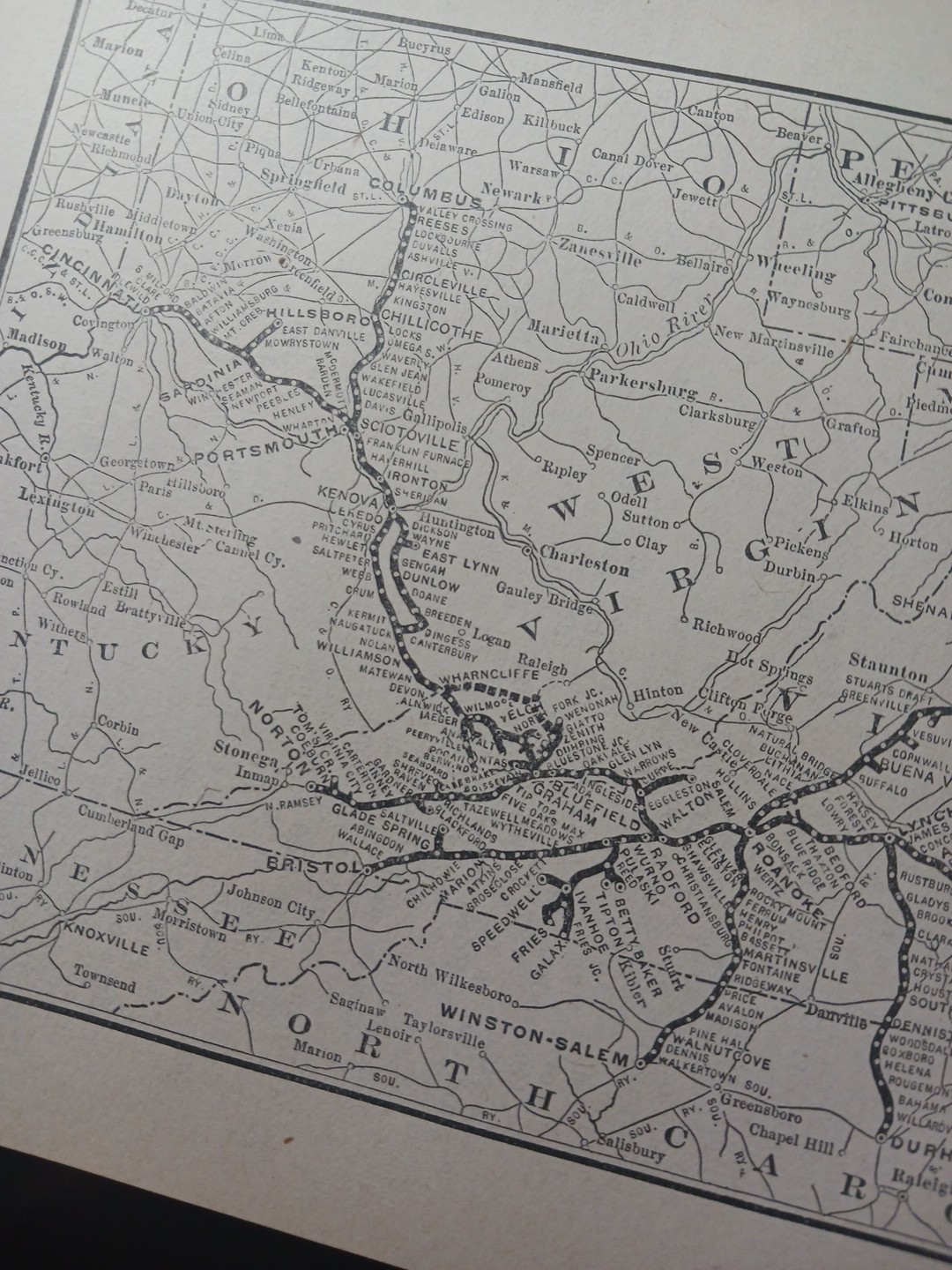 ~1910 Antique Railroad Map NORFOLK & WESTERN RAILWAY all Train Route connections