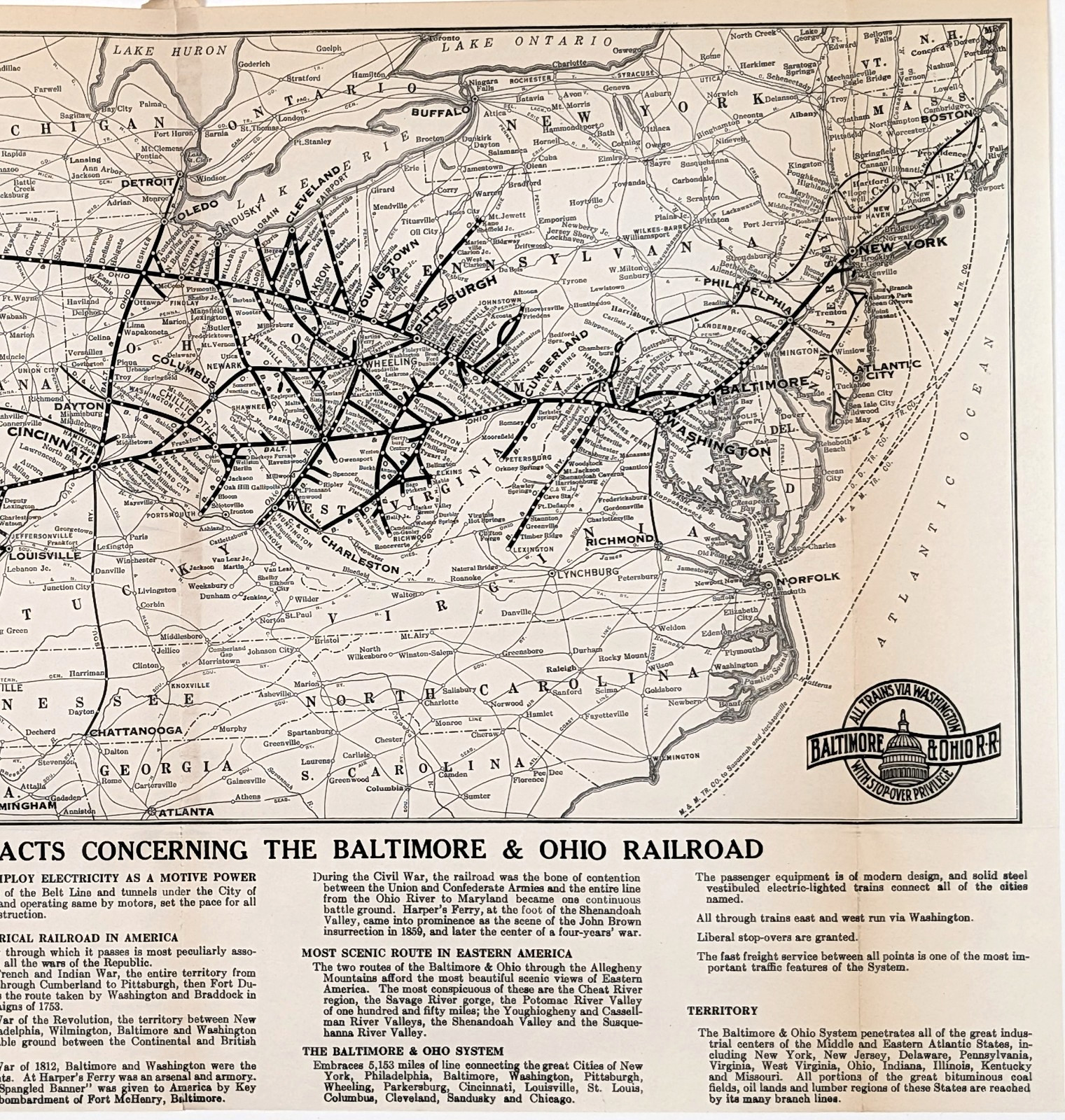 1925 BALTIMORE & OHIO RAILROAD Map ORIGINAL – Washington DC – West Virginia