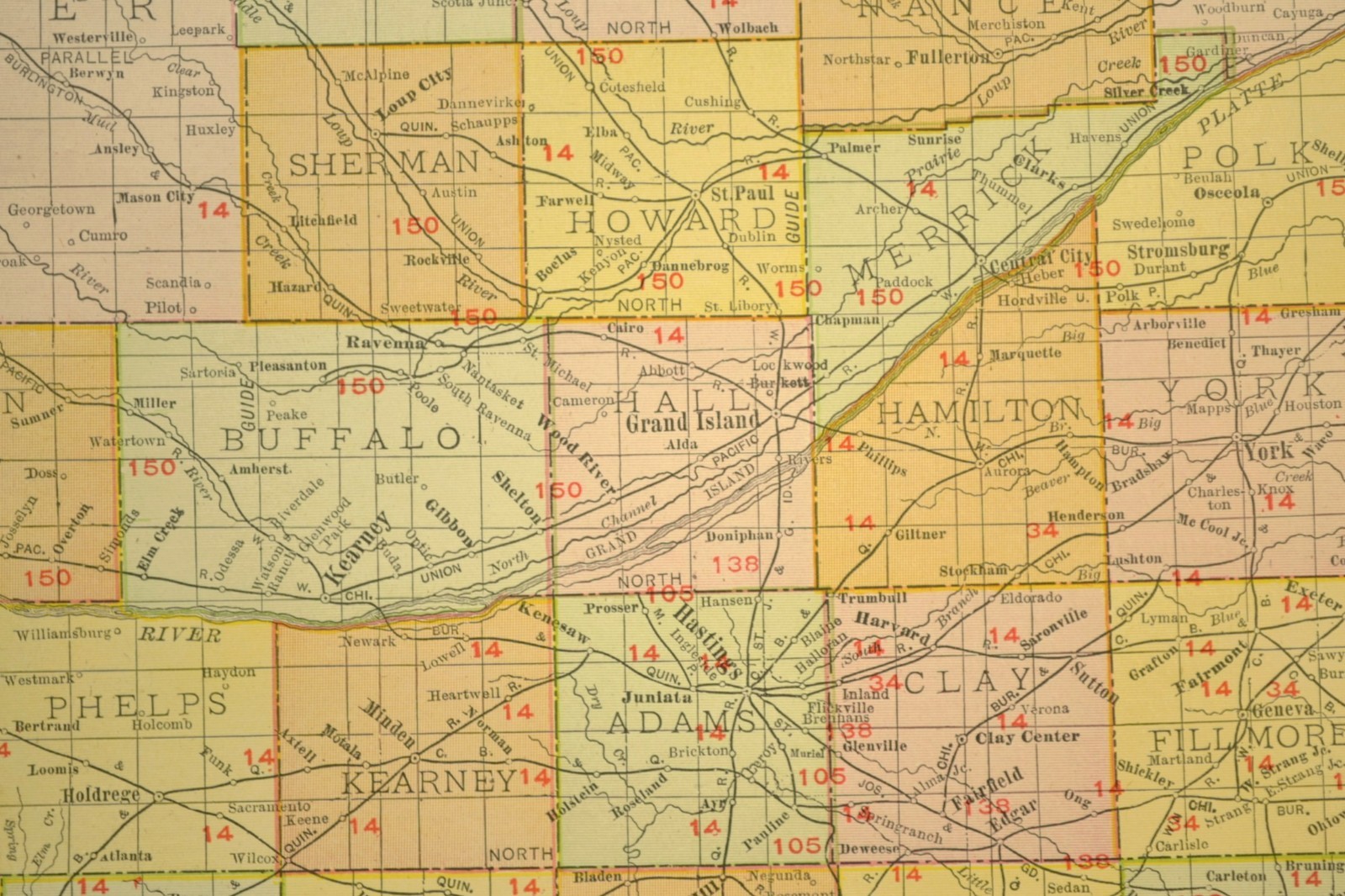 1911 Antique Nebraska Railroad Map ORIGINAL Atlas Map CBQ RR Union Pacific DATED