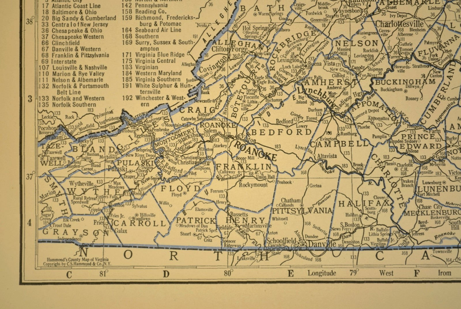 ca 1930 VIRGINIA Railroad Map Depot Towns C&O RR Historic Original Atlas Map
