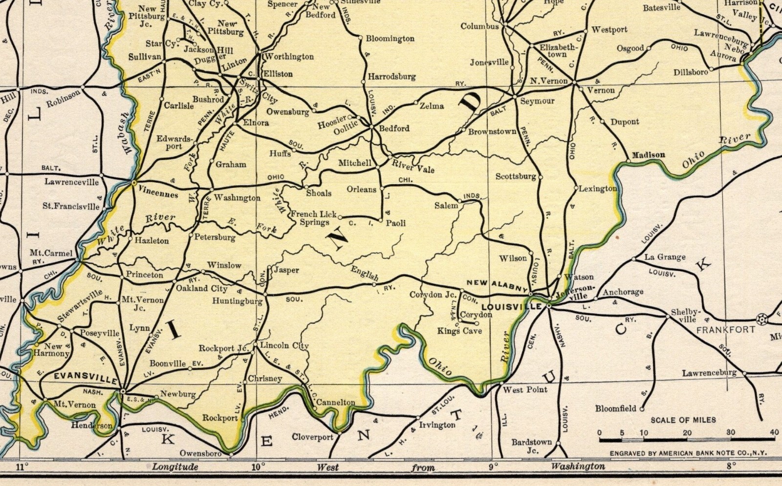 1901 Antique Indiana Railroad Map Wabash Southern L & N Pennsylvania 2012