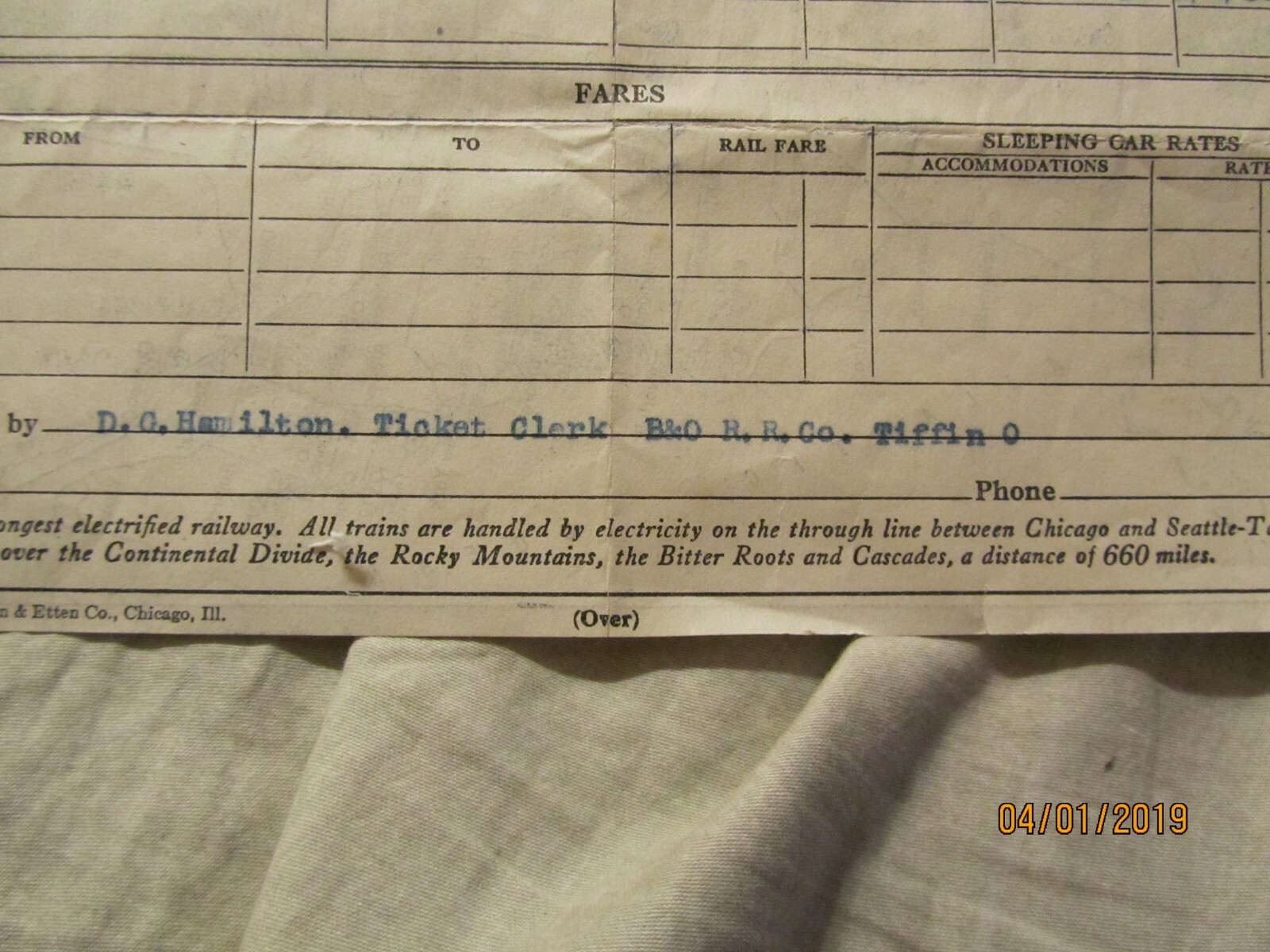 1930 Chicago, Milwaukee & St Paul Ry Itinerary Tiffin Ohio to Los Angeles