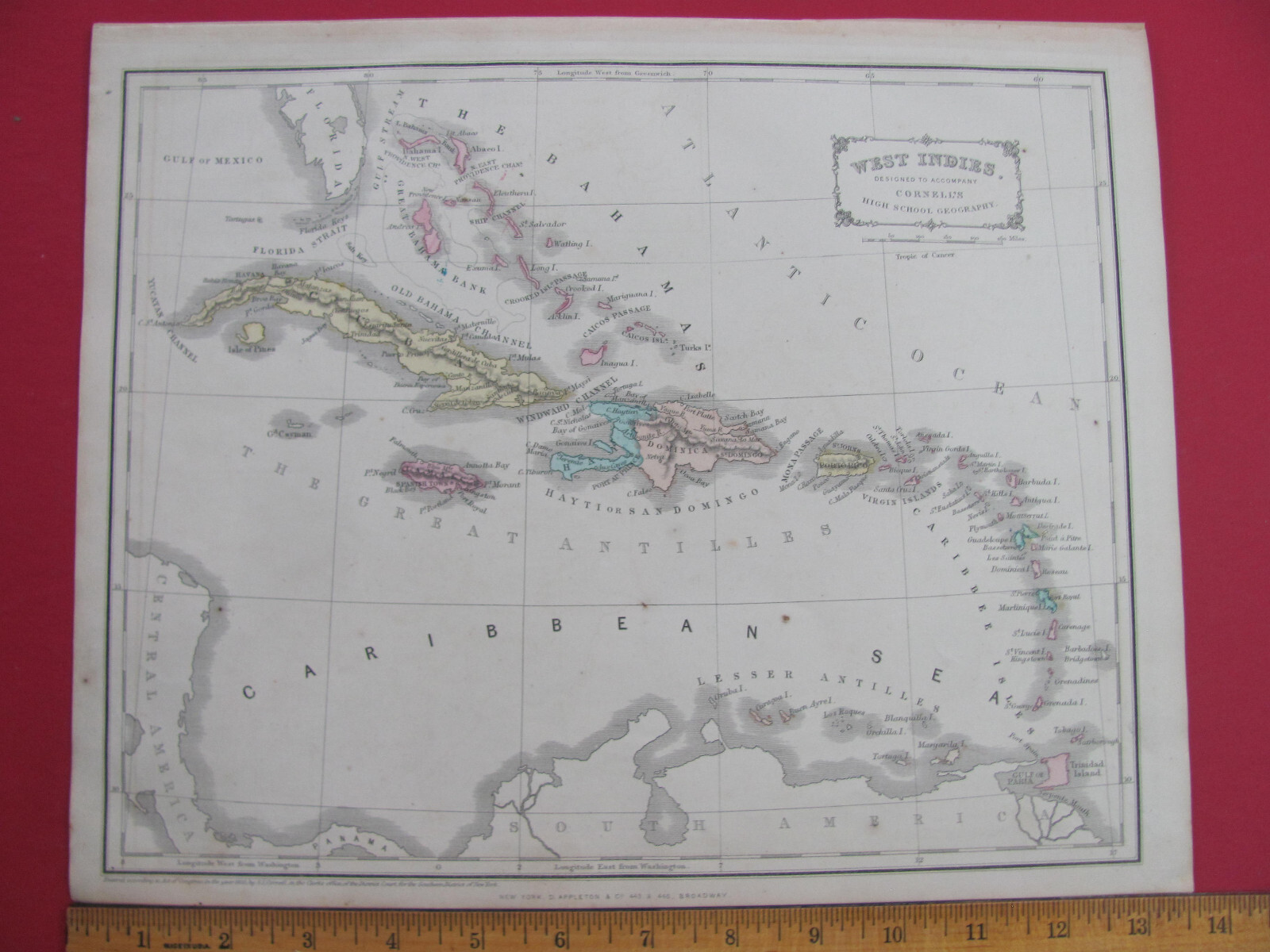1856 NEW YORK MA CT NH VERMONT MAINE + WEST INDIES CUBA COLOR ATLAS MAP